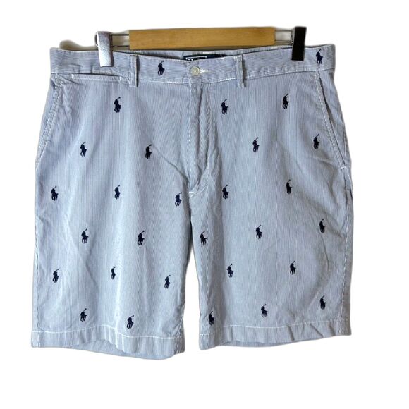Polo Ralph Lauren Blue Pinstripe Embroidered Pony Flat Front Chino Shorts Sz 36 - Picture 1 of 13